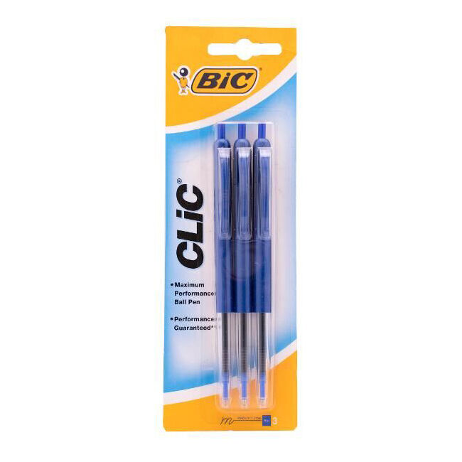 Bic Clic Medium Ballpoint 1mm Writing Ballpen Blue School Stationery (3 Pieces)