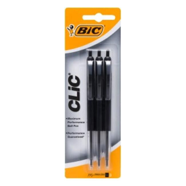 Bic Clic Retractable Ballpoint Pen Writing Ballpen Black School Stationery (3 Pieces)