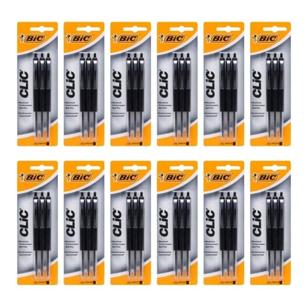Bic 3pc BIC Clic Retractable Ballpoint Pen Writing Ballpen Black Stationery (12 Pack)
