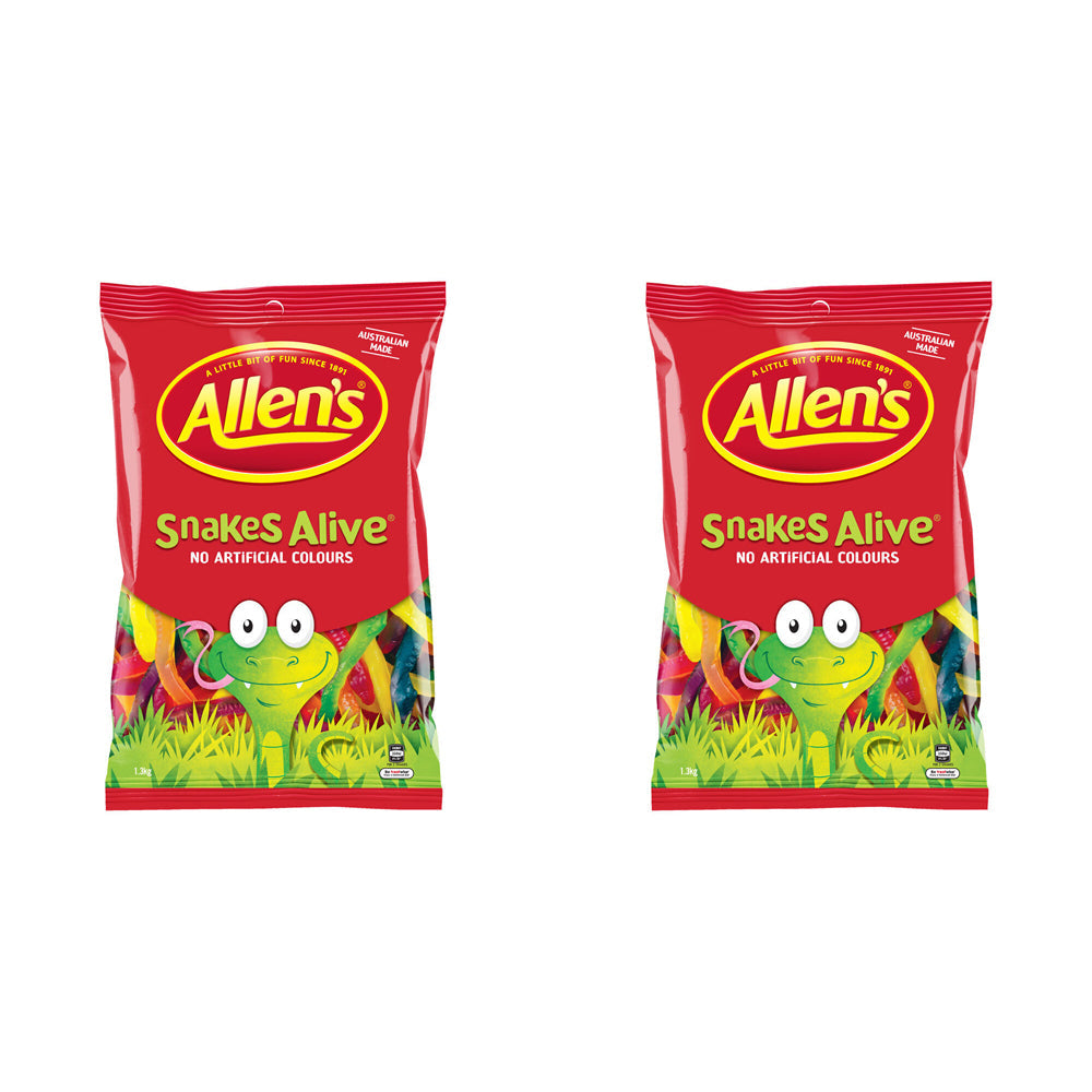 Allen's 1.3kg Snakes Alive Soft Chewy Gummy Candy/Lolly/Sweet Snack Bag (2 Pack)