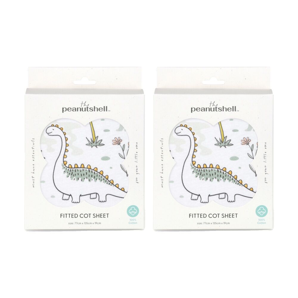 The Peanutshell 100% Jersey Cotton Dinosaur Cot Fitted Sheet 77x135cm (2 Pack)