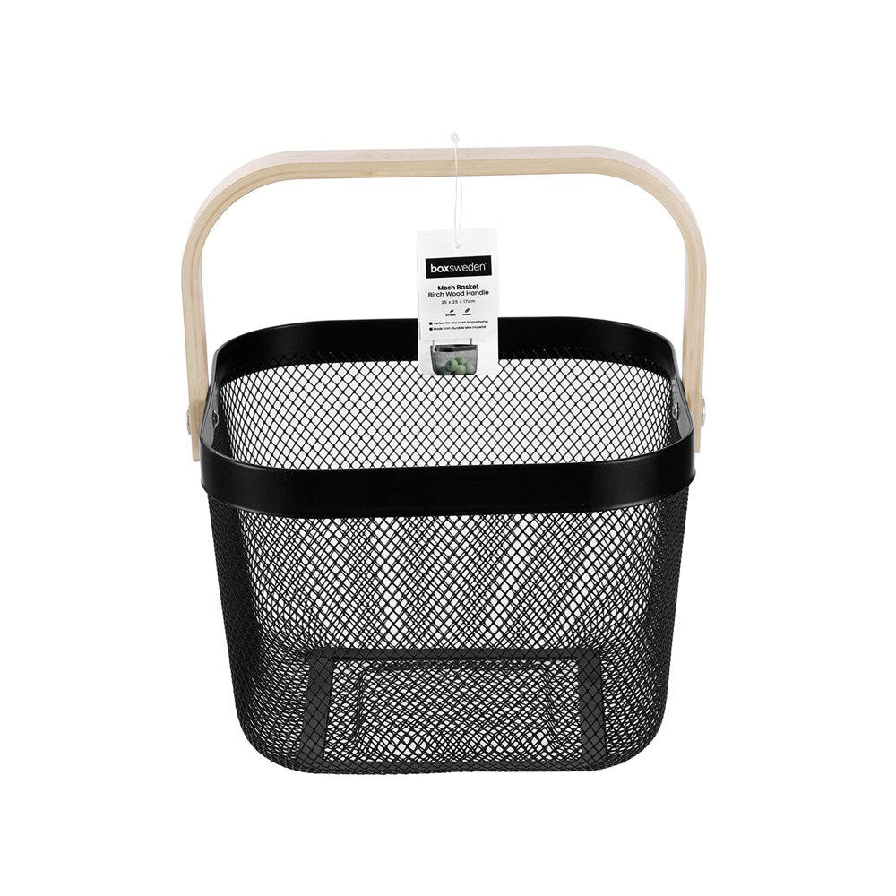 Boxsweden 25x25x17cm Mesh Home Storage Basket/Organiser/Wooden Handle Black (2 Pack) — image 3