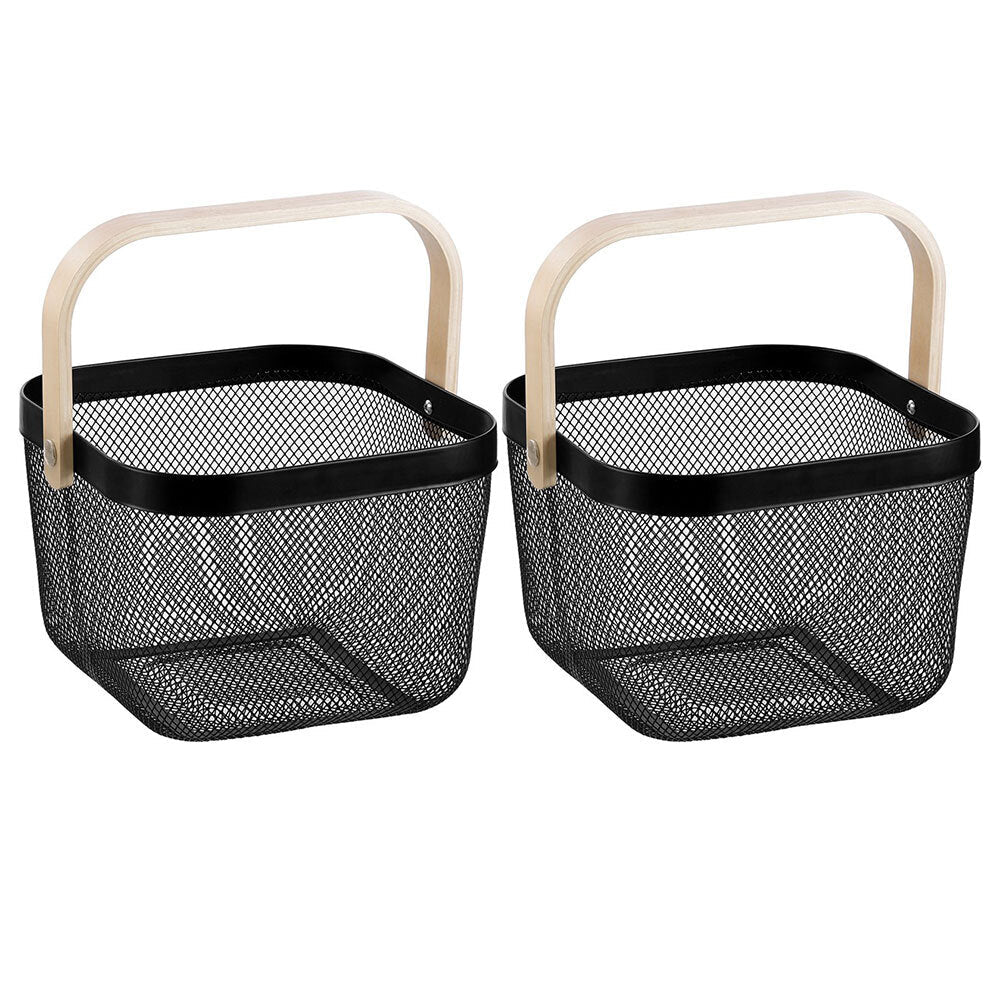 Boxsweden 25x25x17cm Mesh Home Storage Basket/Organiser/Wooden Handle Black (2 Pack)