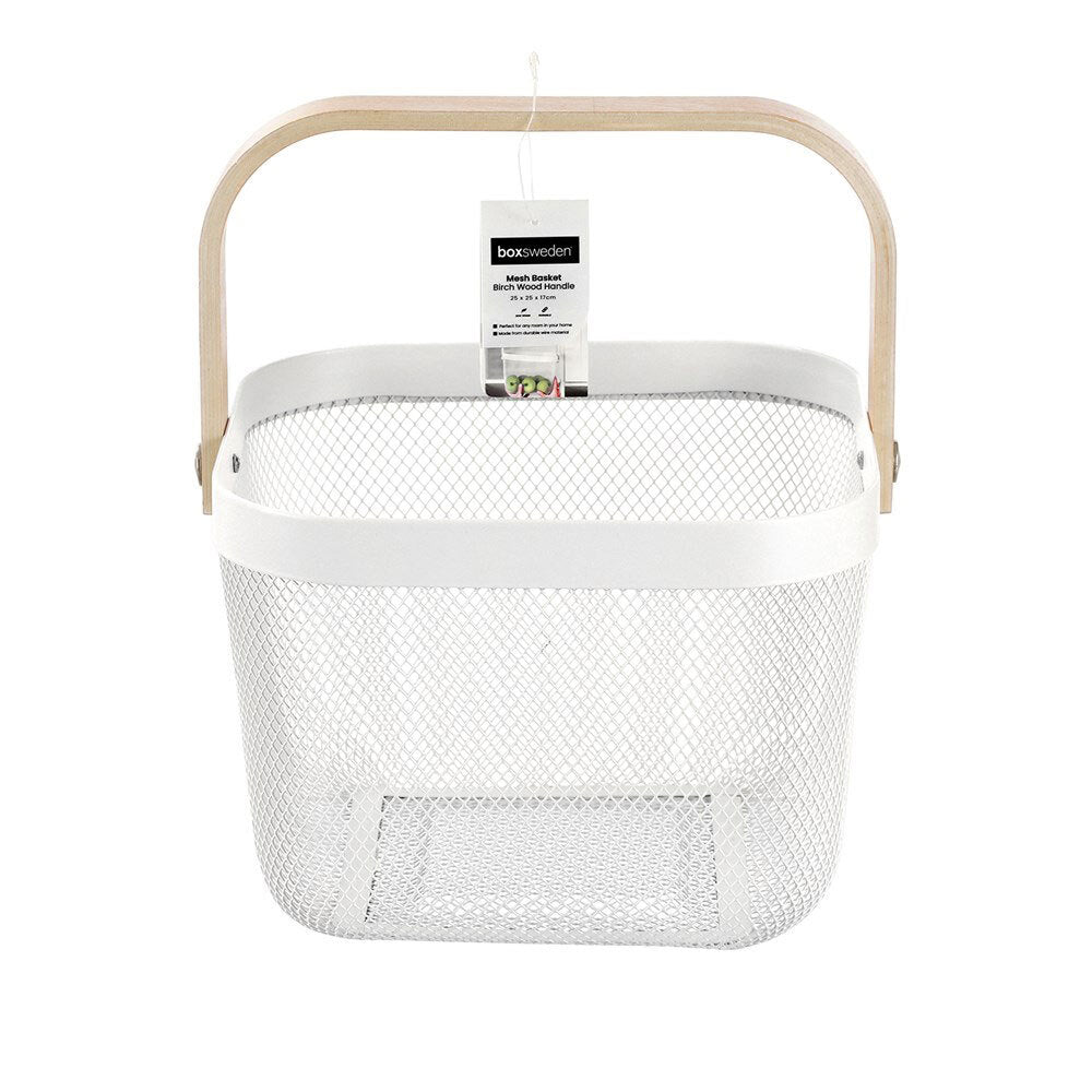 Boxsweden 25x25x17cm Mesh Home Storage Basket/Organiser/Wooden Handle White (2 Pack) — image 4