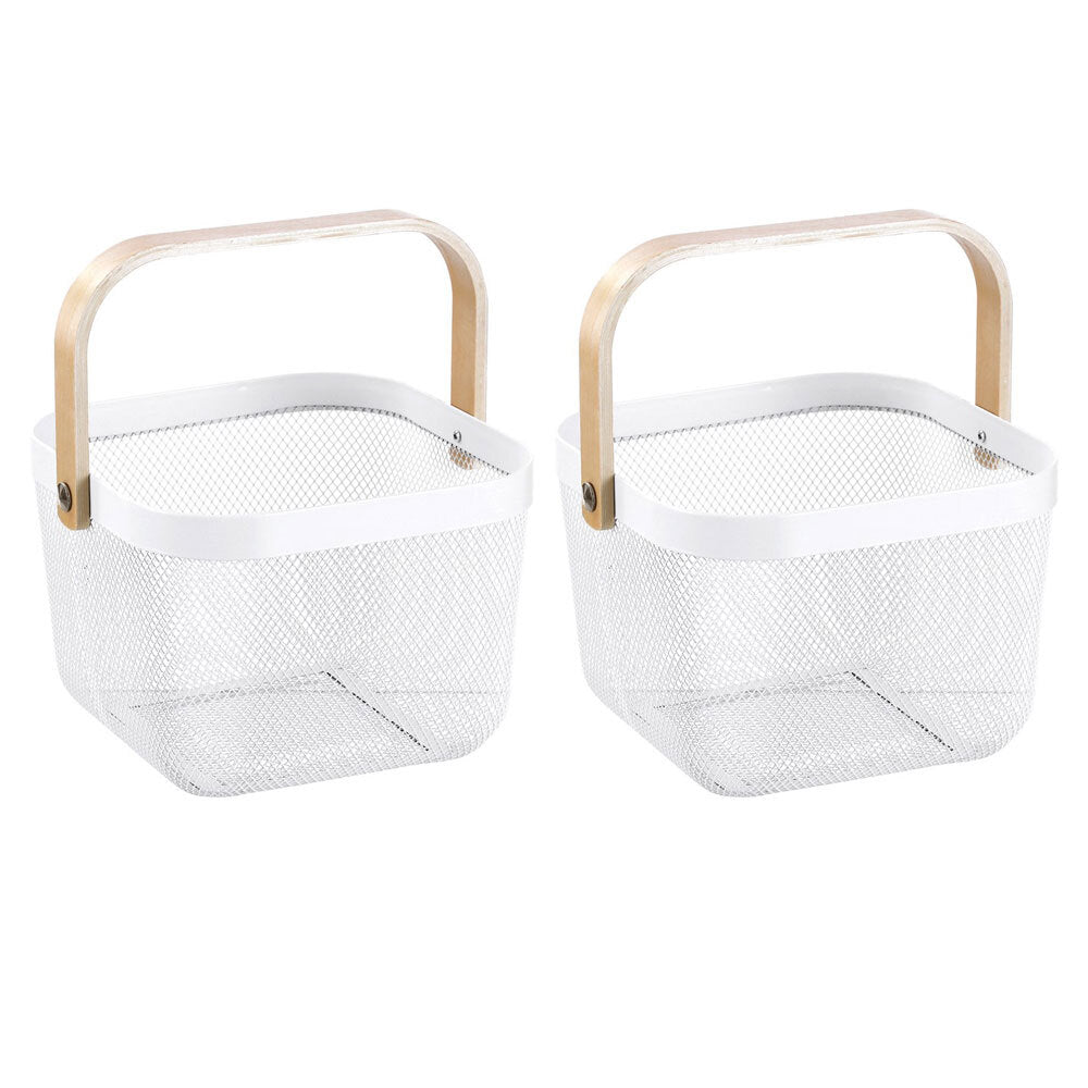 Boxsweden 25x25x17cm Mesh Home Storage Basket/Organiser/Wooden Handle White (2 Pack)