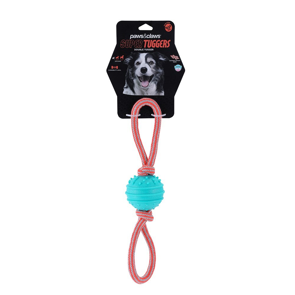 Paws and Claws Pet Dog 40cm Super Tuggers TPR Ball/Rope Double Tugger Chew Toy (2 Pack) — image 2