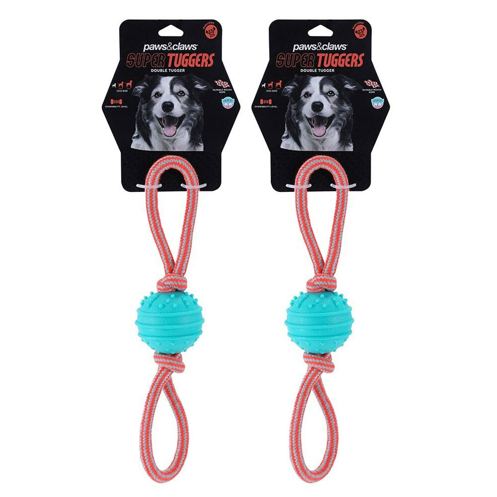 Paws and Claws Pet Dog 40cm Super Tuggers TPR Ball/Rope Double Tugger Chew Toy (2 Pack)
