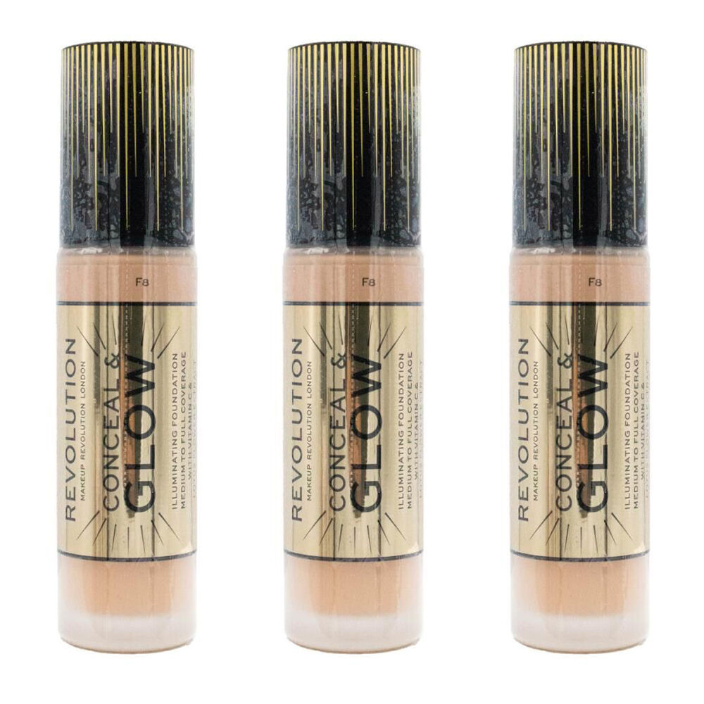 Revolution Conceal & Glow Liquid Foundation 23ml Makeup Cosmetics F8 (3 Pack)