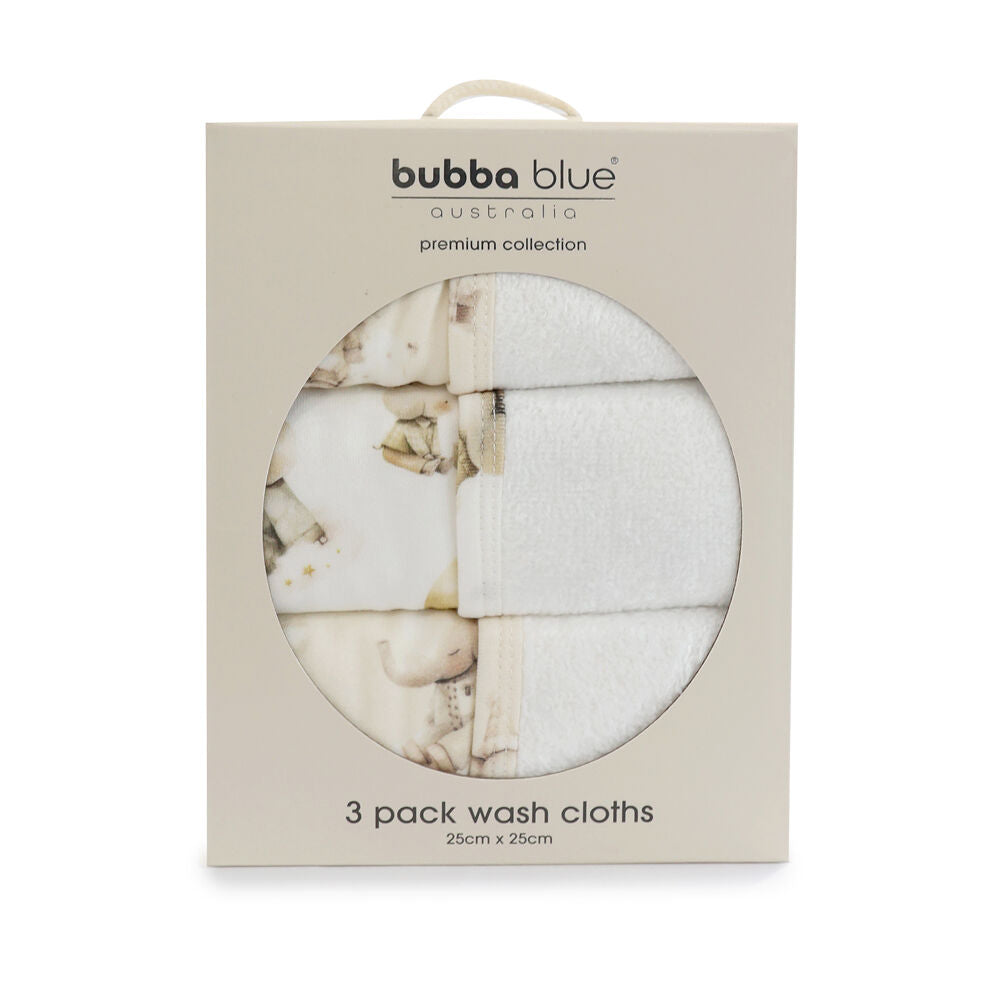 Bubba Blue 3pc Children's and Baby Elephant Bedtime Face Washers Soft Towelling Bath Cloths 25x25cm