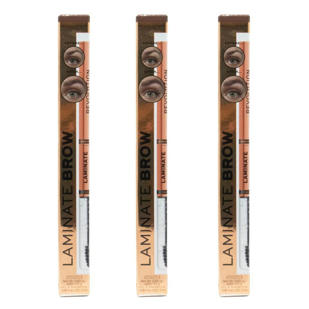Revolution Laminate Brow Gel 2ml Medium Brown Eye Makeup Cosmetics (3 Pack)