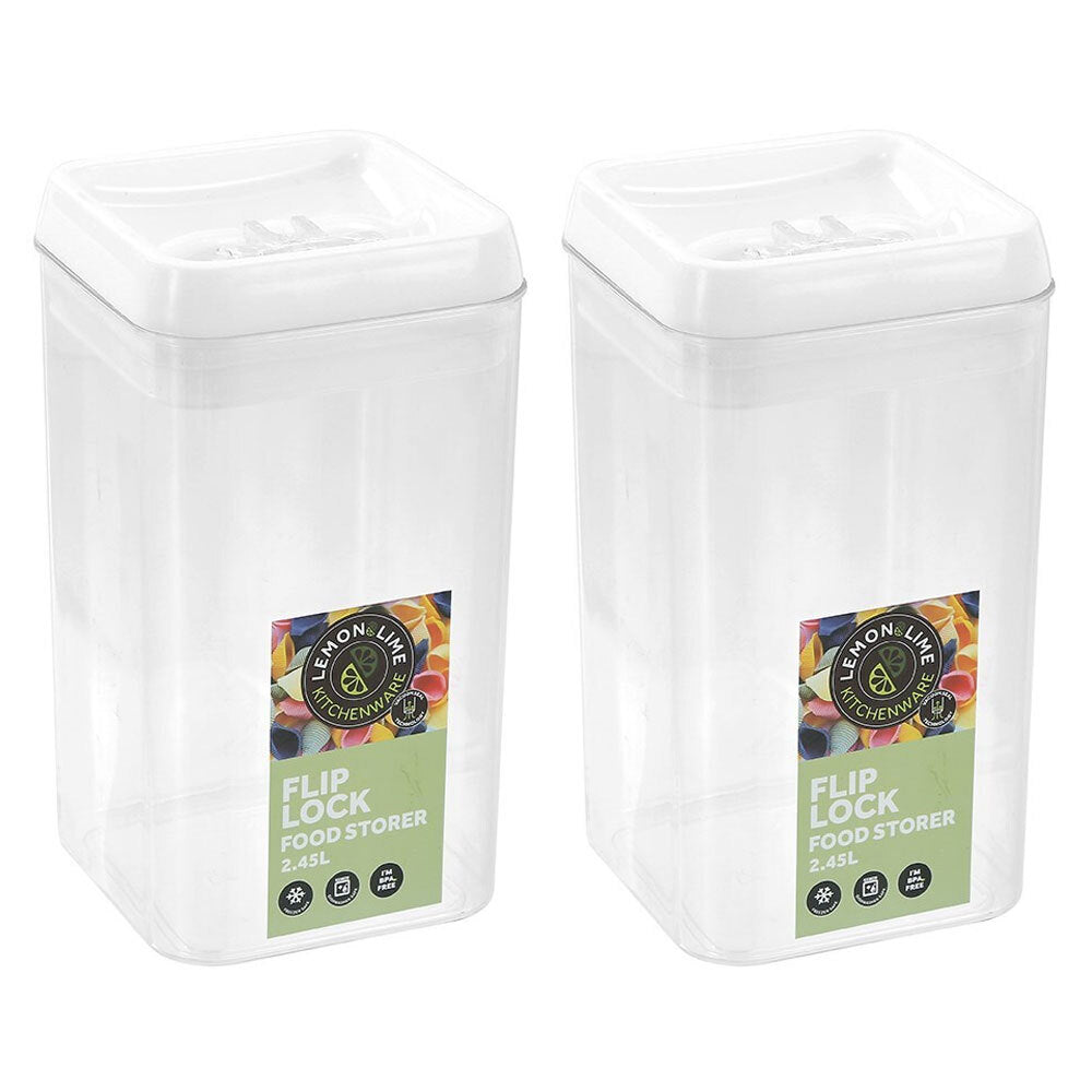 Lemon and Lime Flip Lock 2.45L/23cm Food Storer/Storage Square Container Clear (2 Pack)