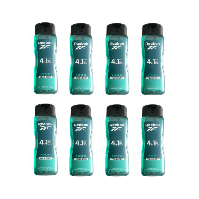 Reebok 4in1 Shower Gel Cool Your Body Wash 400ml For Hair/Face & Beard (8 Pack)