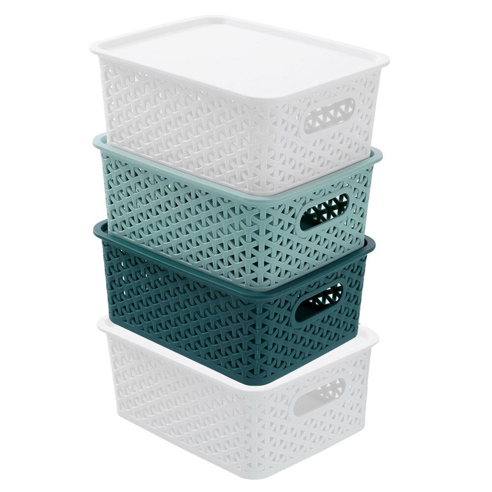 Boxsweden Wicker 25cm Woven Basket Home Organiser Storage w/ Lid Small Asst (4 Pack)