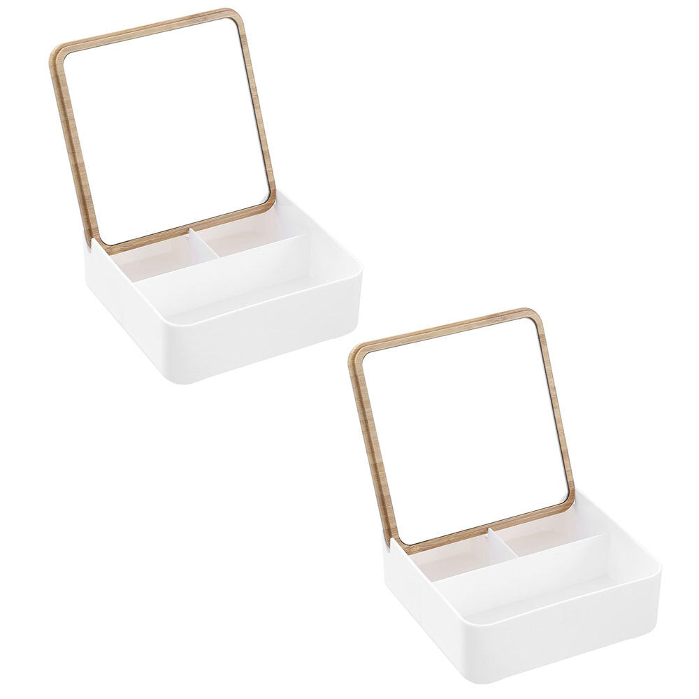 Boxsweden Bano Square 14cm Organiser Storage w/ Mirror Bamboo Top Home Decor (2 Pack)