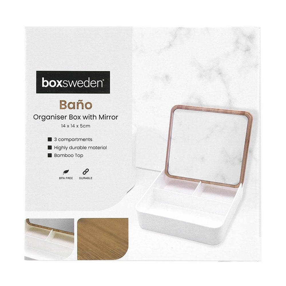 Boxsweden Bano Square 14cm Organiser Storage w/ Mirror Bamboo Top Home Decor (2 Pack) — image 6
