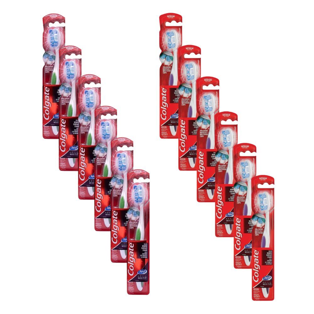 Colgate 360 Optic White Toothbrush Medium Dental Oral Care Teeth Cleaner (12 Pack)
