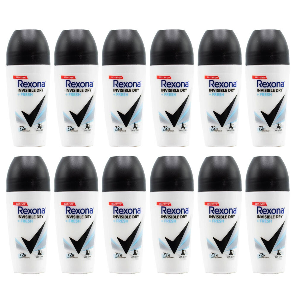 Rexona Women Invisible Dry+Fresh Roll On 72H Deodorant Black & White 45ml (12 Pack)