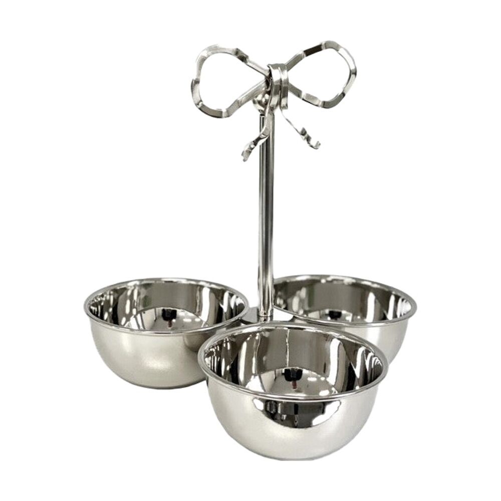 SS Collective SIlver Three Dish Bowl With Bow Handle For Nuts & Nibbles