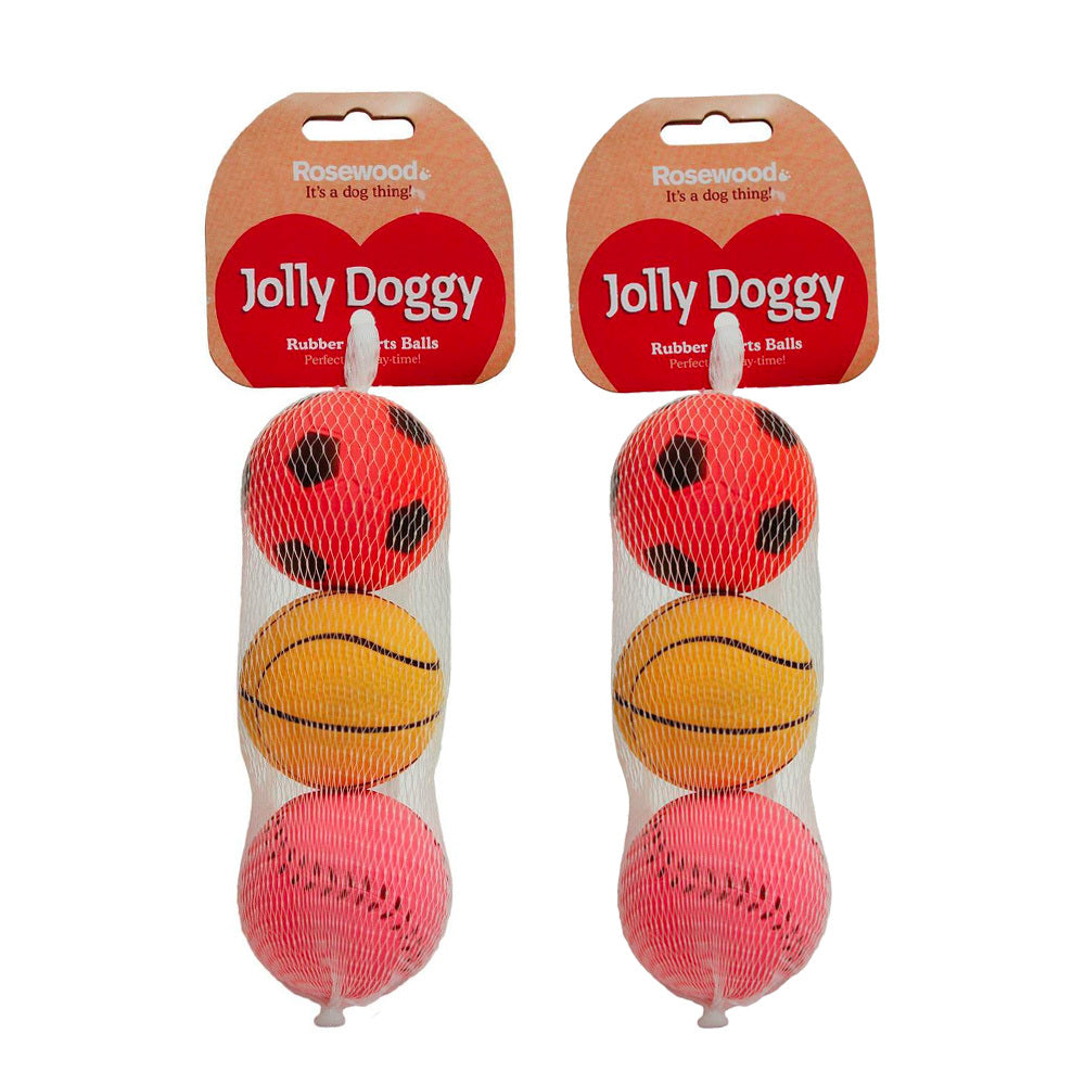 Rosewood Jolly Doggy Rubber Sport Balls Throw/Fetch Pet Dog Play Time Toy (6 Pieces)
