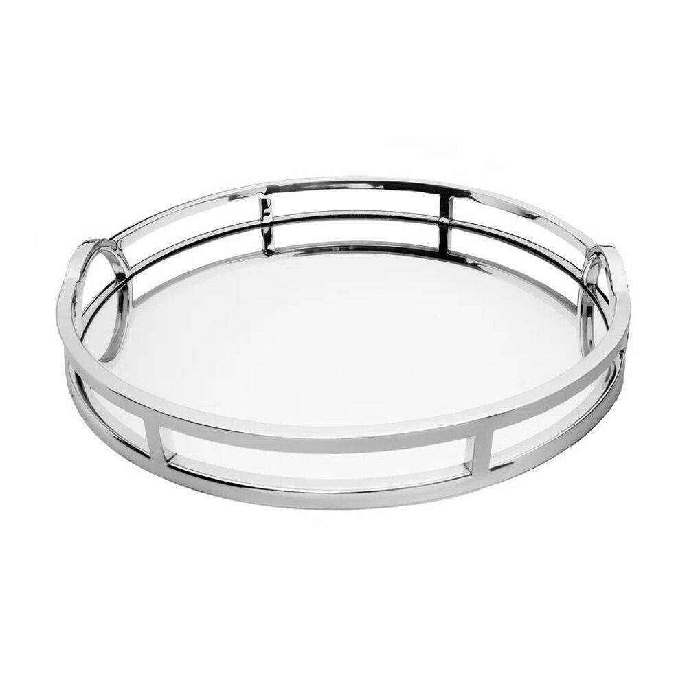 SS Collective Round Mirror Tray With Arch Handles Stainless Steel — Small 38cm