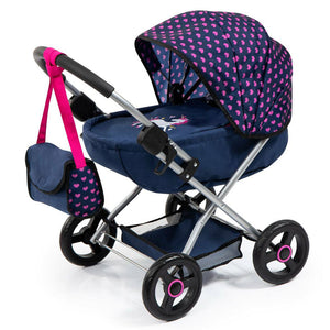 Bayer Cosy 59cm Pram/Stroller Kids Toy for 46cm Dolls Dark Blue w/ Pink Hearts
