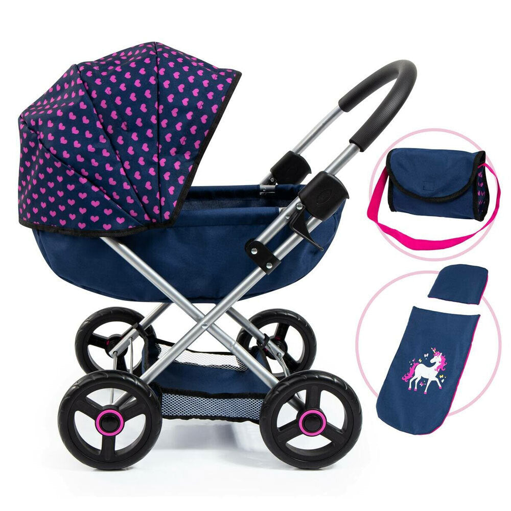 Bayer Cosy 59cm Pram/Stroller Kids Toy for 46cm Dolls Dark Blue w/ Pink Hearts — image 3