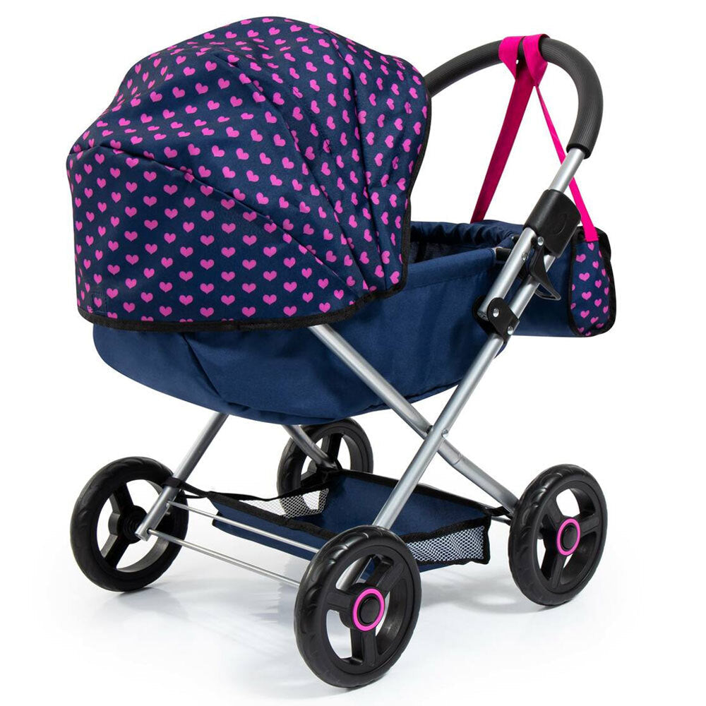 Bayer Cosy 59cm Pram/Stroller Kids Toy for 46cm Dolls Dark Blue w/ Pink Hearts — image 4
