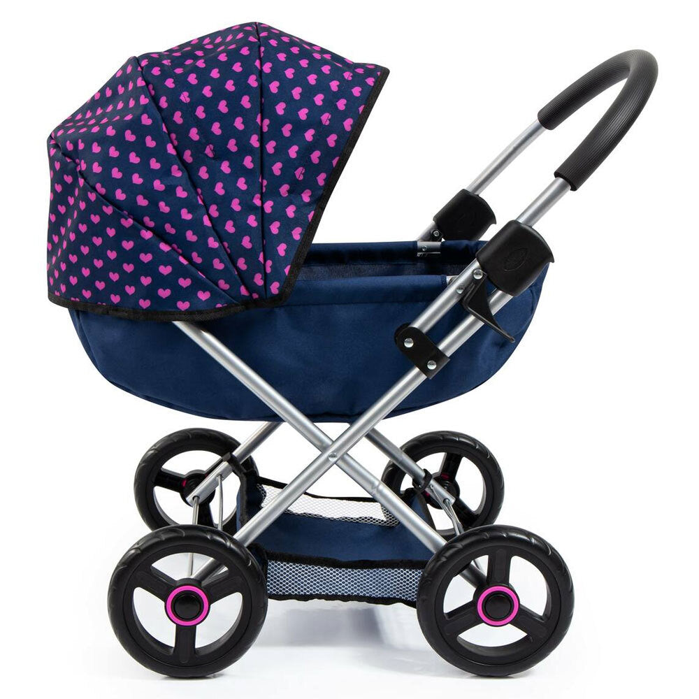 Bayer Cosy 59cm Pram/Stroller Kids Toy for 46cm Dolls Dark Blue w/ Pink Hearts — image 7