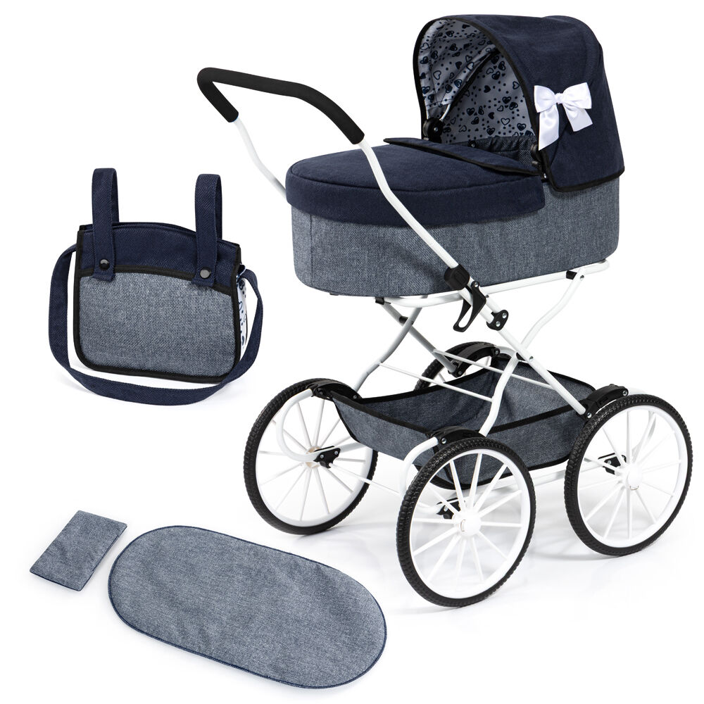 Bayer Dark Blue & Denim with White Bow Classic Doll Pram Kids Stroller — image 2