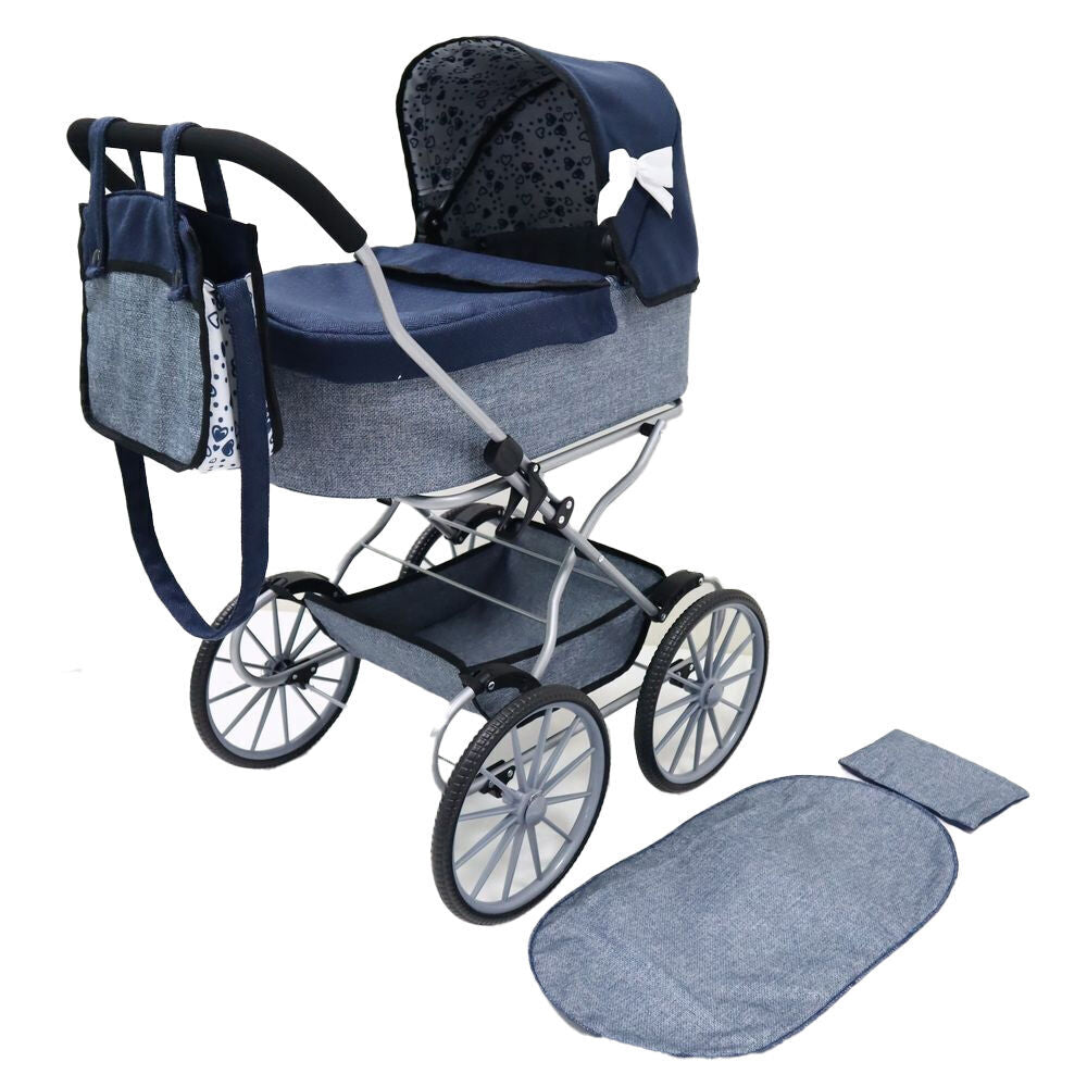 Bayer Dark Blue & Denim with White Bow Classic Doll Pram Kids Stroller