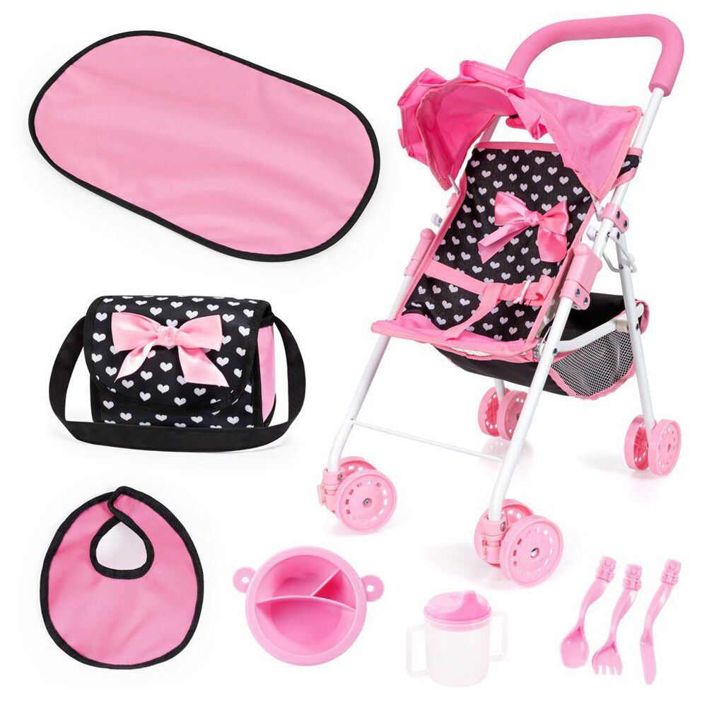 Bayer Pink & Black with Bow Doll Buggy Pram Gift Set Pretend Play Kids Stroller