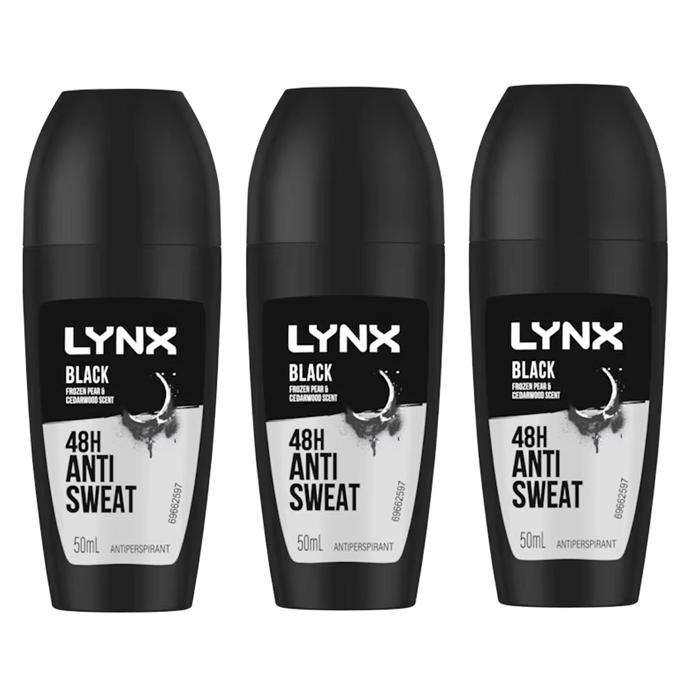 Lynx Men 50ml Antiperspirant Roll On 48Hr Sweat Protection f/ Underarms Black (3 Pack)