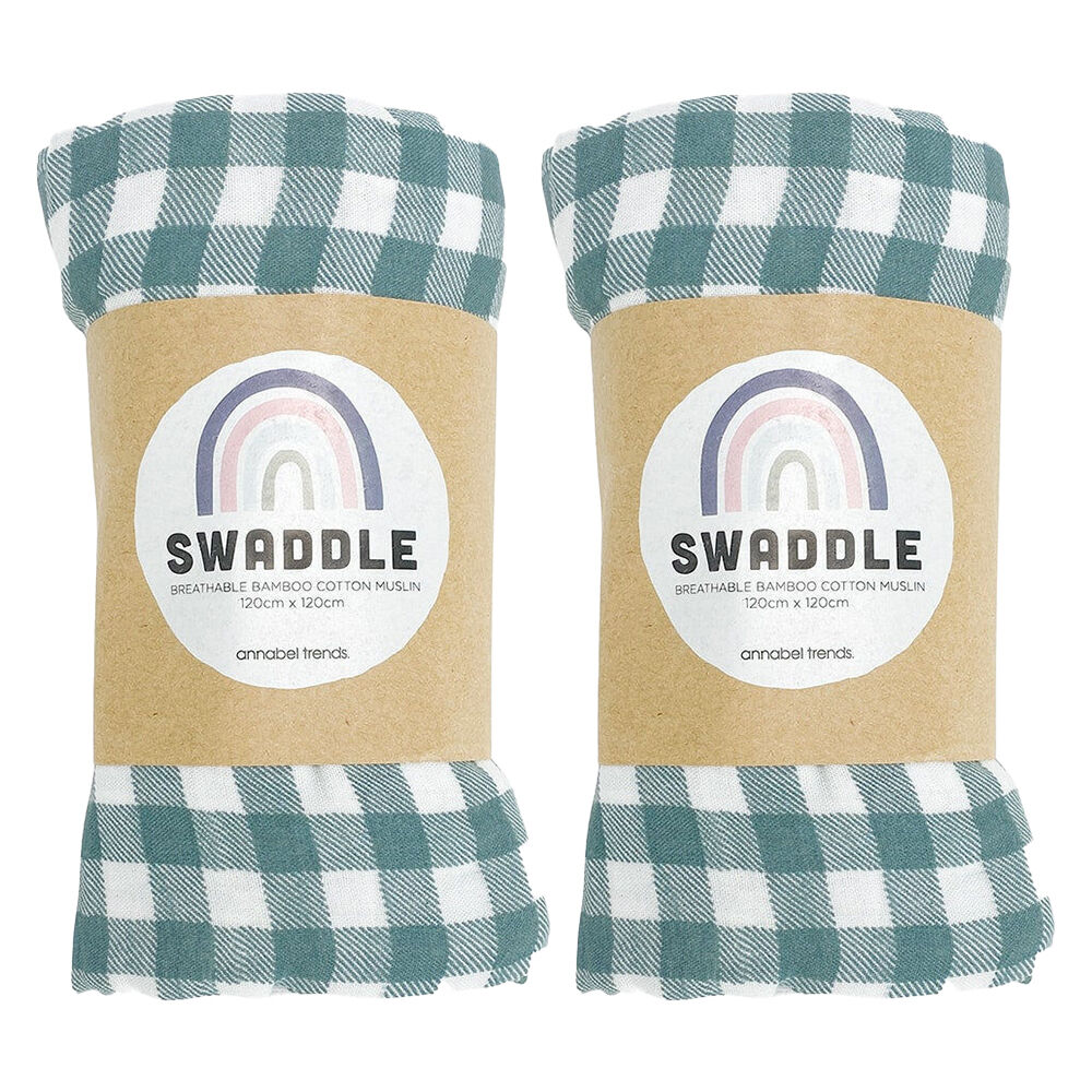 Annabel Trends Muslin Baby Swaddle Sleeping Blanket Wrap 120cm Gingham Olive (2 Pack)