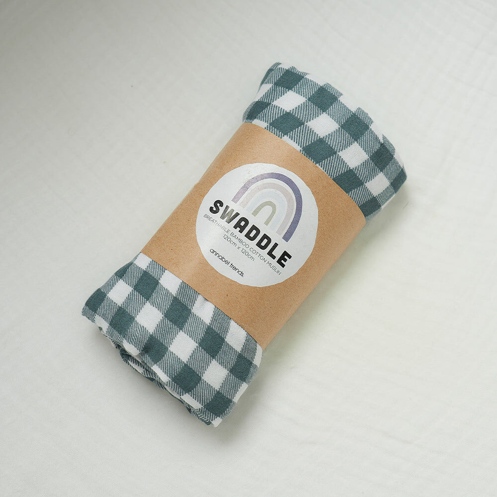 Annabel Trends Muslin Baby Swaddle Sleeping Blanket Wrap 120cm Gingham Olive (2 Pack) — image 5