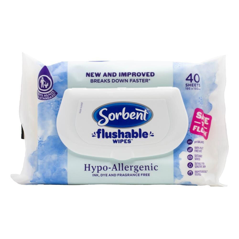 Sorbent Flushable Wipes Hypo Allergenic 19.5x15cm Non-Scented Disposable (40 Pieces)