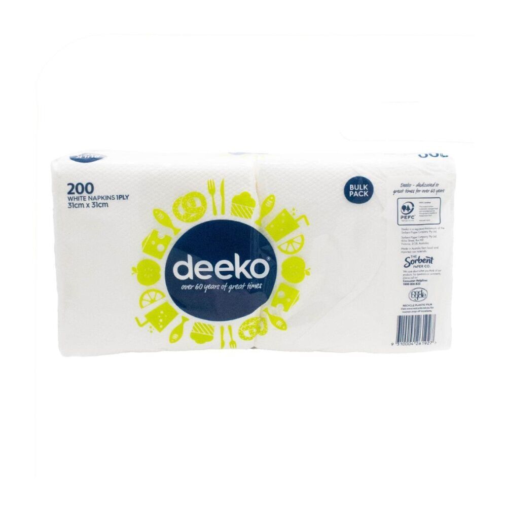Deeko 200pc Deeko Single Ply Disposable White Napkins 31x31cm Bulk Pack Catering (16 Pack) — image 3