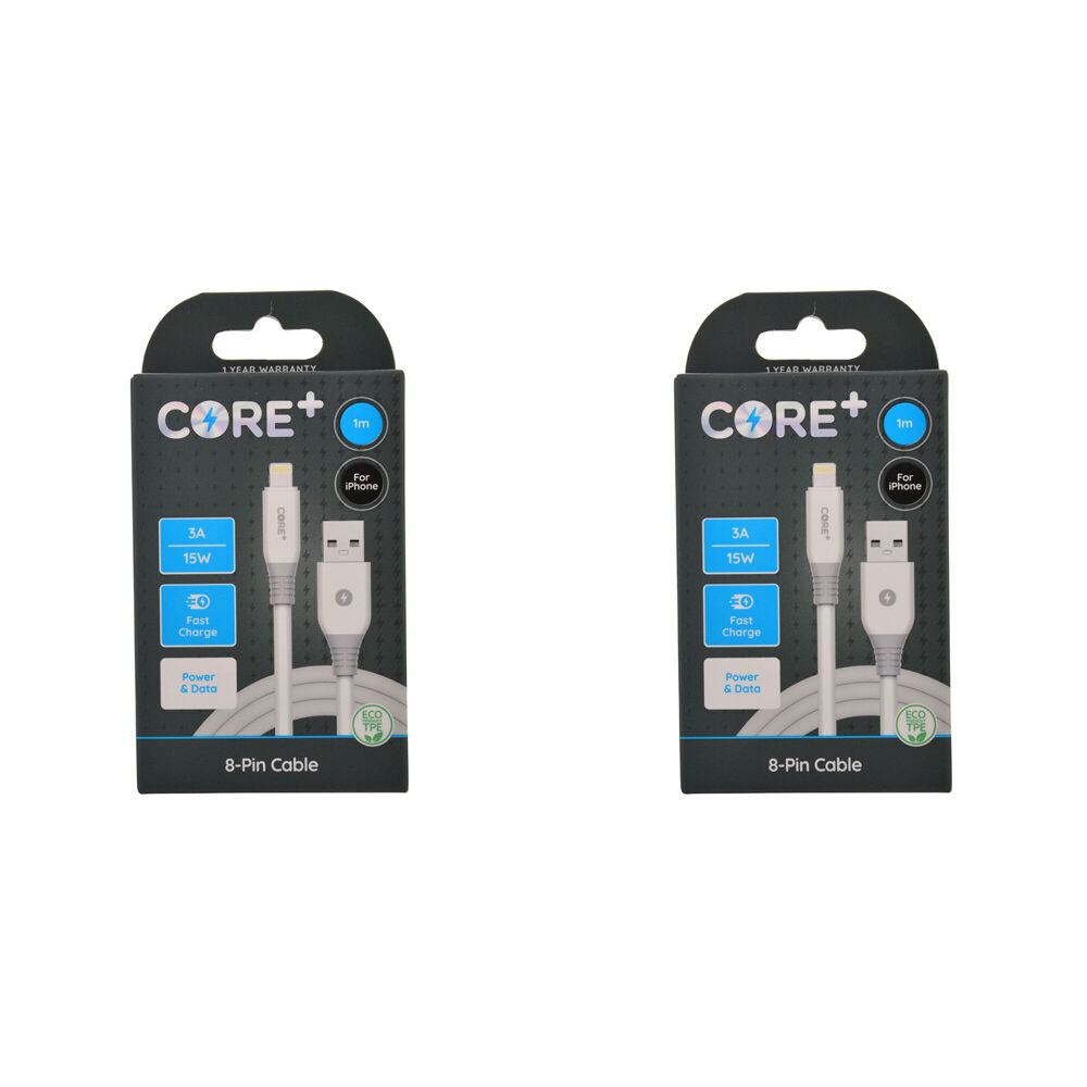 Core+ 8-Pin to USB-A Cable Charging Cord 1m For Apple iPhone 14/13 White (2 Pack)