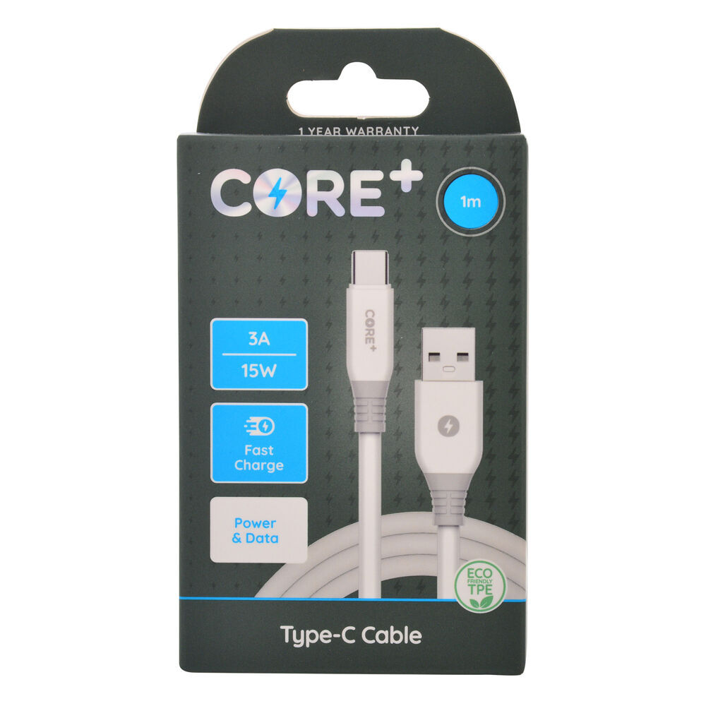 Core+ USB-C to USB-A Cable Charging Cord 1m For Samsung Galaxy iPhone White (2 Pack)