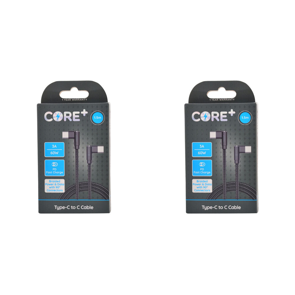 Core 90-Degrees Type-C Charging Cable Data Cord Connector 60W/1.5m Black (2 Pack)
