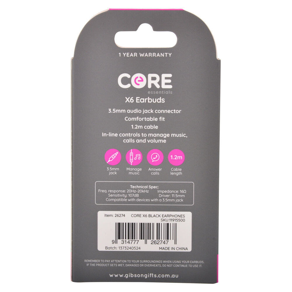 Core Essentials 3.5mm X6 Earphones In-Ear Wired w/ Built-In Mic Black (2 Pack)