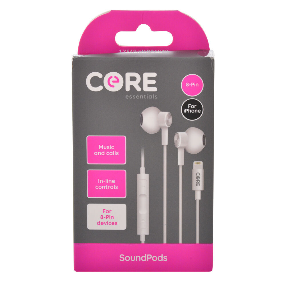 Core Essentials 8-Pin SoundPods/Earphones In-Ear Wired w/ Built-In Mic White (2 Pack) — image 2