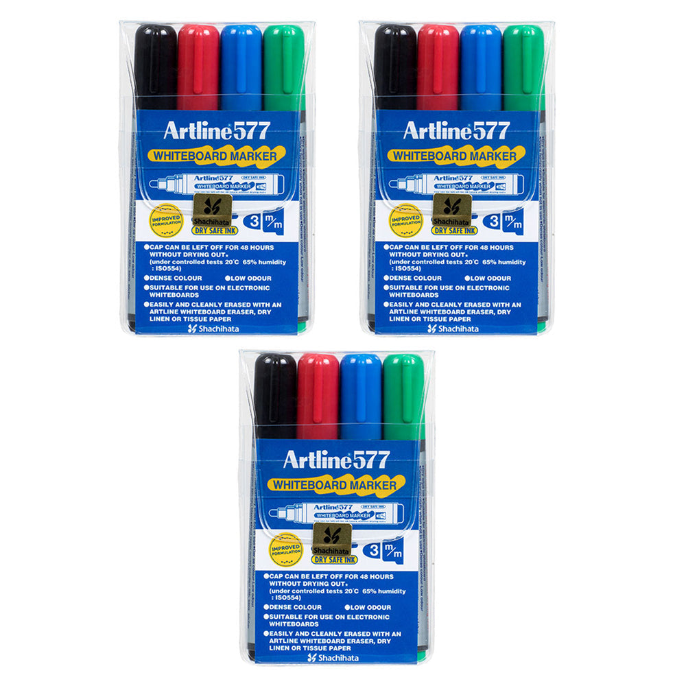 Artline 577 5mm Bullet Nib Office Whiteboard Marker Assorted Colours Wallet (12 Pieces)