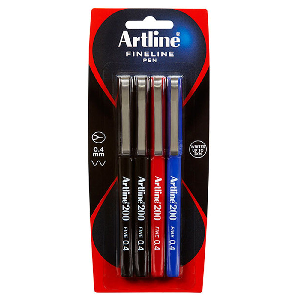 Artline 4pc Artline Fineline 200 Fine 0.4mm Width School Drawing Assorted Writing Pen (2 Pack) — image 2