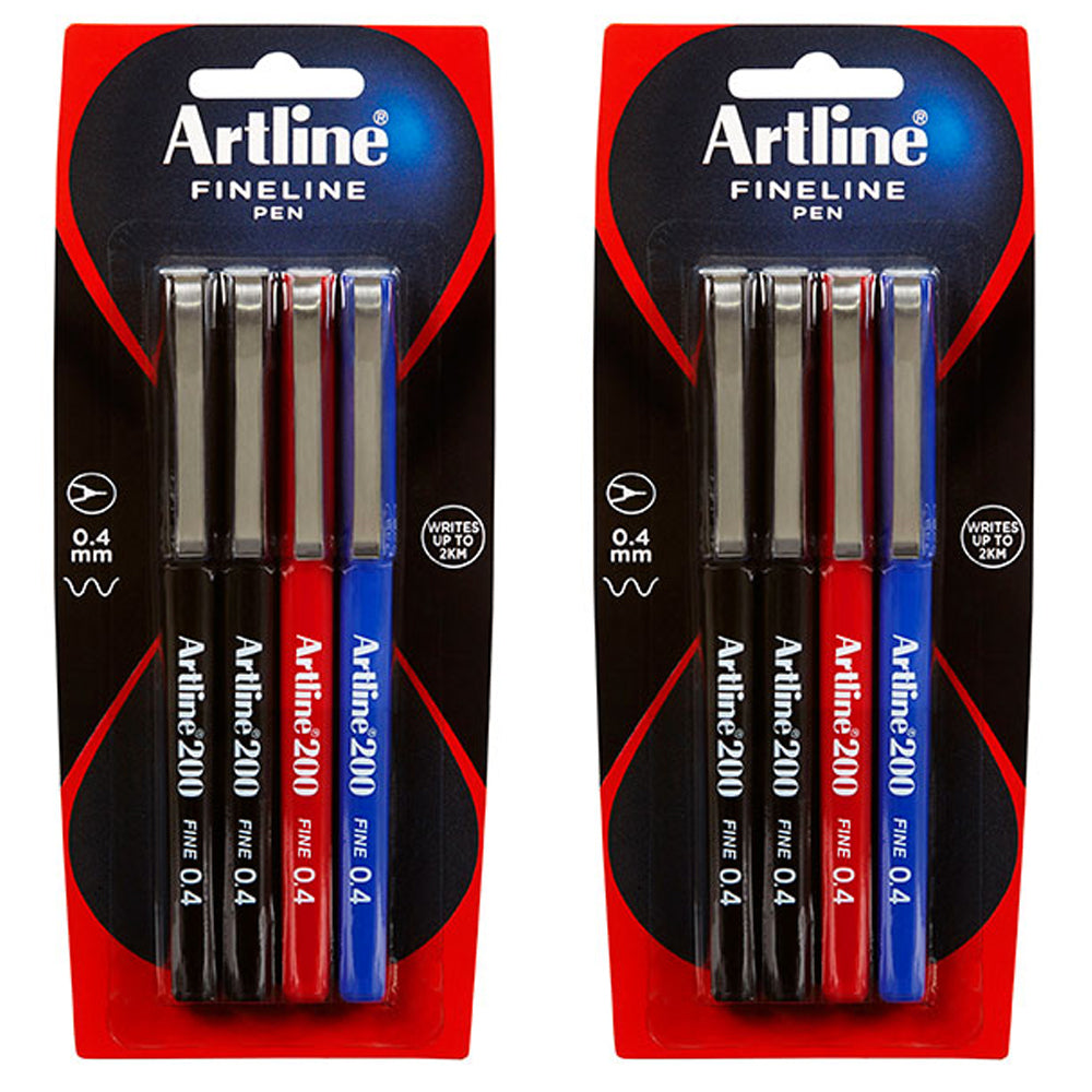 Artline 4pc Artline Fineline 200 Fine 0.4mm Width School Drawing Assorted Writing Pen (2 Pack)