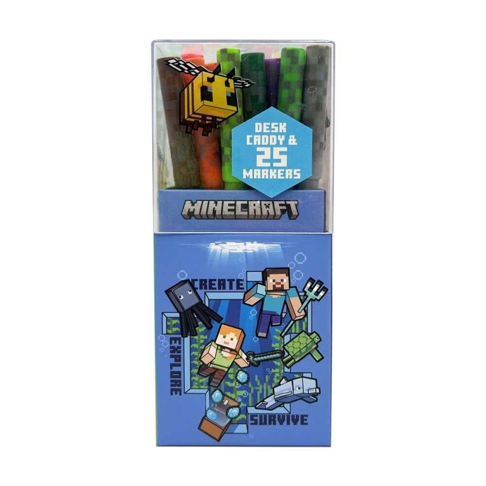Minecraft Theme Desk Caddy w/25 Colour Markers Kids Art/Craft Accessory
