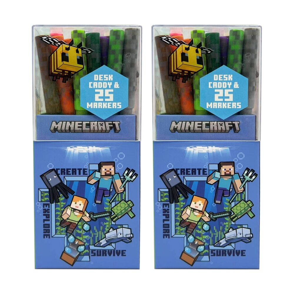 Minecraft Theme Desk Caddy w/25 Colour Markers Kids Art/Craft Accessory (2 Pack)