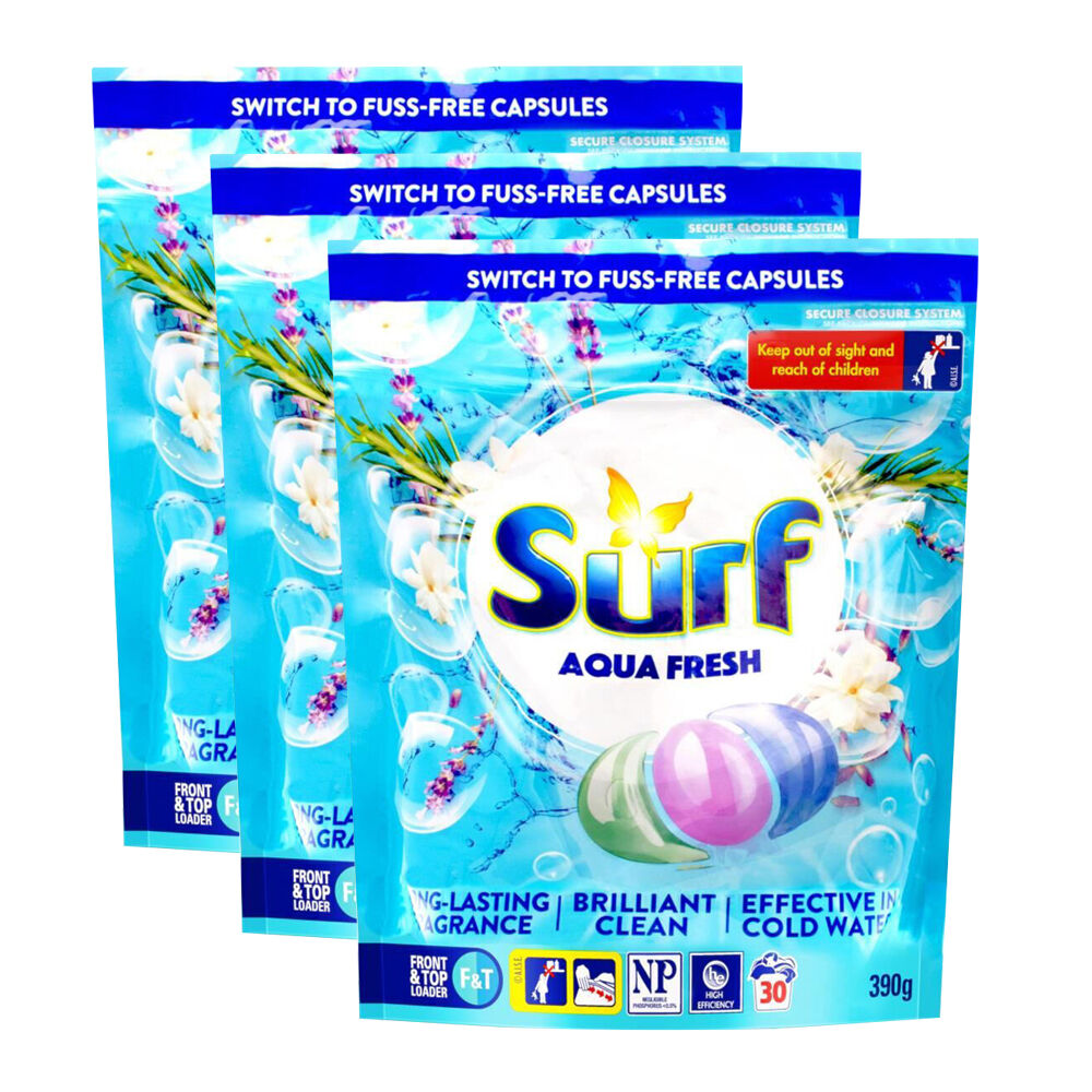 Surf 30pc Surf Laundry Capsules Aqua Fresh Front & Top Loader 390g Stain Removal Pods (3 Pack)