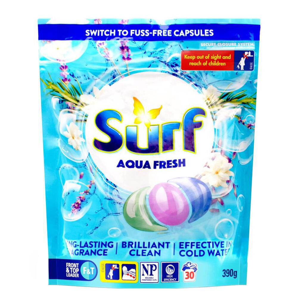 Surf 30pc Surf Laundry Capsules Aqua Fresh Front & Top Loader 390g Stain Removal Pods (3 Pack) — image 2