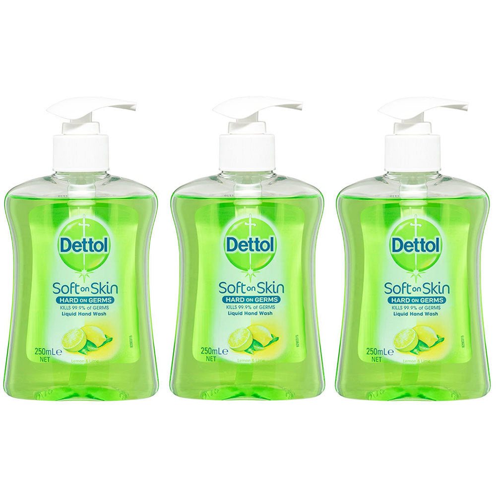 Dettol 250ml Liquid Home Hand Care Wash Soap Lemon/Lime Pump (3 Pack)