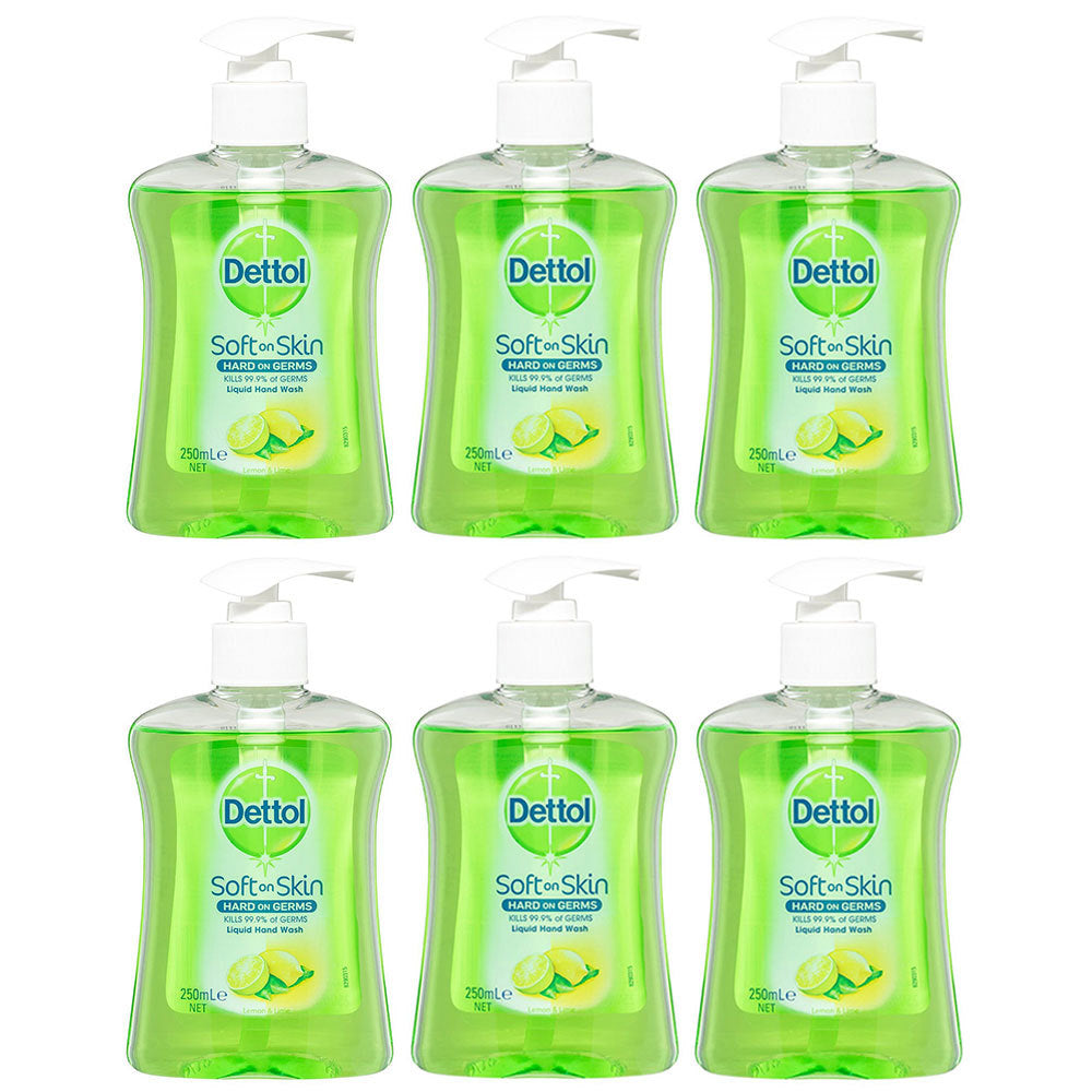 Dettol 250ml Liquid Home Hand Care Wash Soap Lemon/Lime Pump (6 Pack)